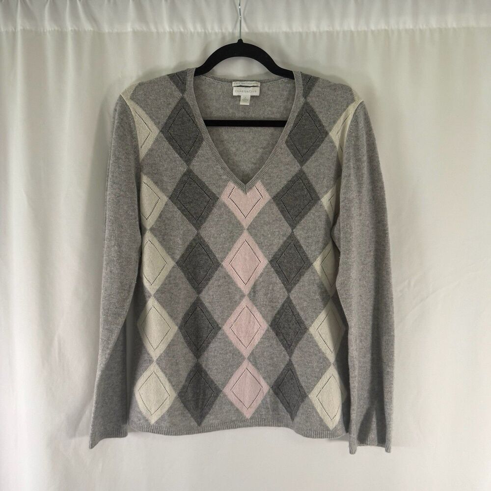 Charter Club 2 Ply Cashmere Sweater Women's Large Grey Pink Plaid Vneck Knit